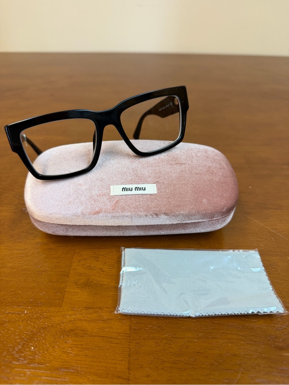 Miu Miu Black Rectangular Women’s Glasses with Pink Velvet Case